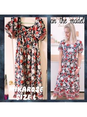 Mikarose Navy Blue & Red Spring Brea Maxi Dress in Rose Garden - size L